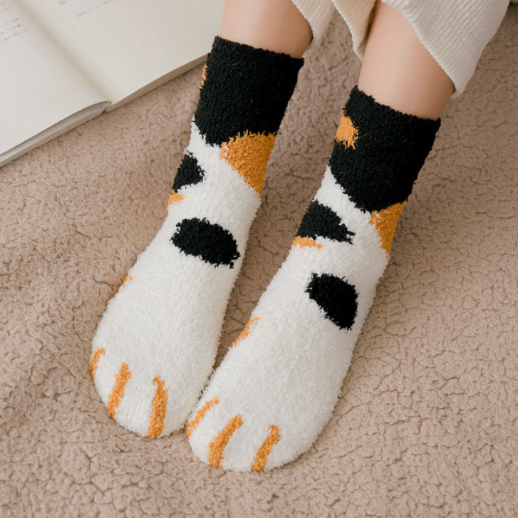 Kawaii Fluffy Room Socks - Cat Paws Black