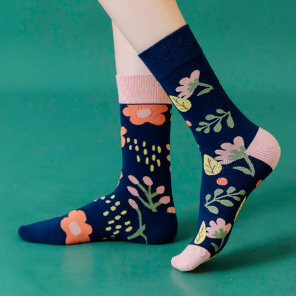 Crew Socks | Mismatched Socks - Flowers Blue