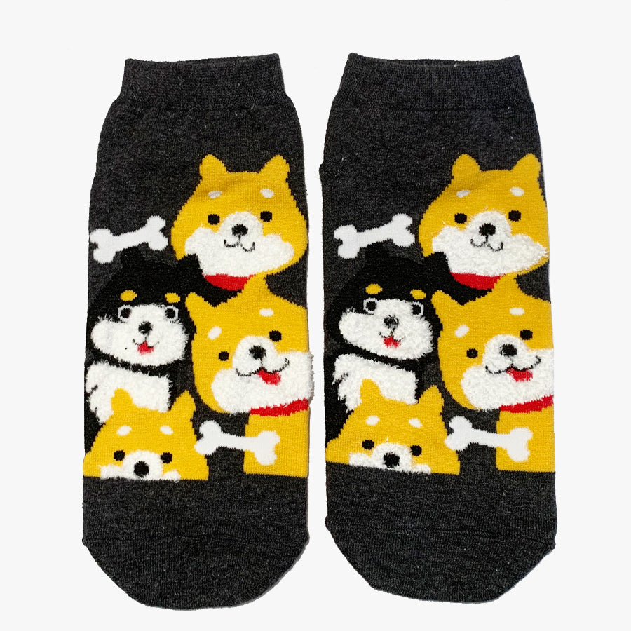 Kawaii Cute Ankle Socks - Puppies Dark Grey