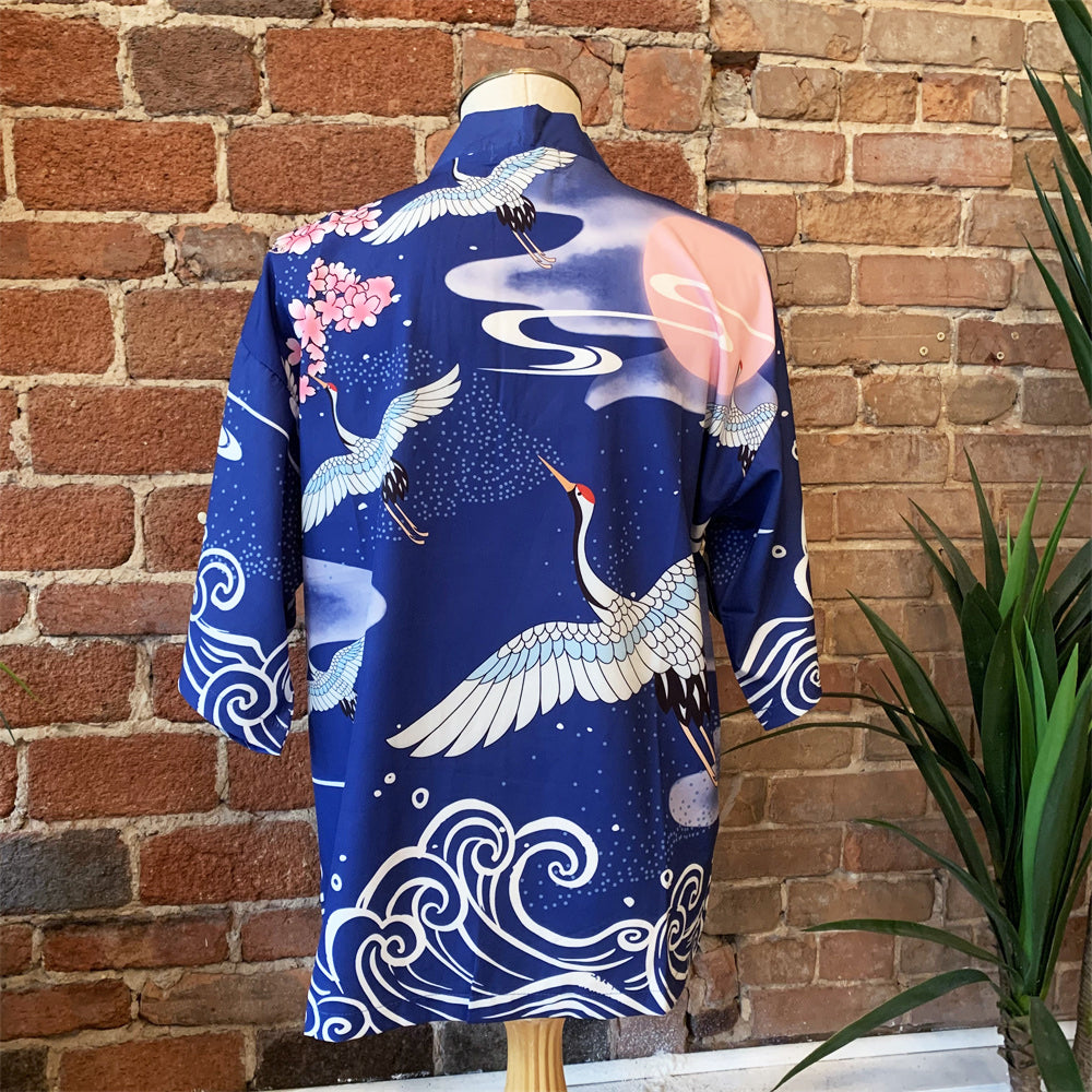 Blue Floral Crane Kimono Shirt | Anime Kimono