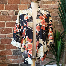 Load image into Gallery viewer, Black Floral Crane Kimono Shirt | Anime Kimono
