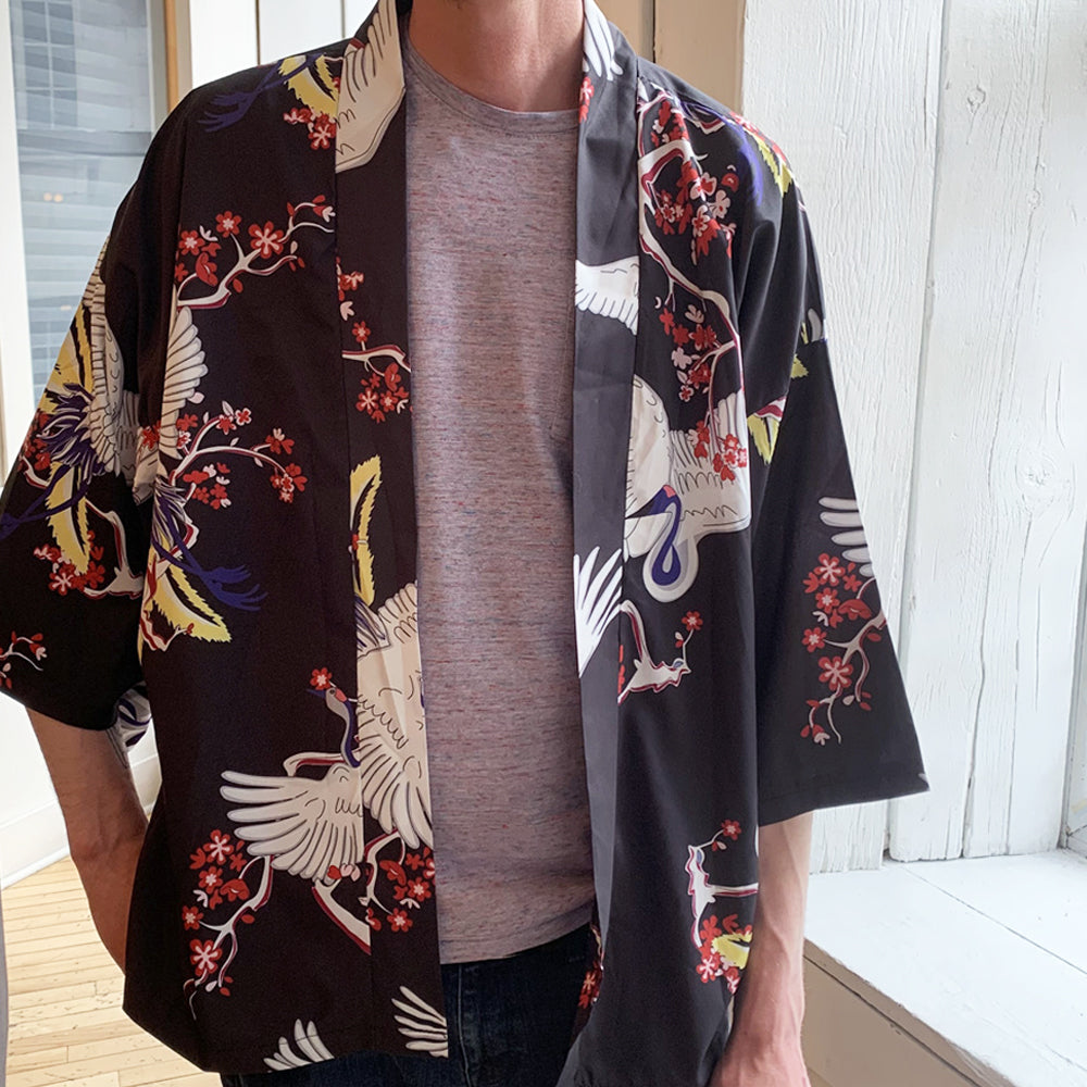 Crane With Flowers Kimono Shirt | Anime Kimono