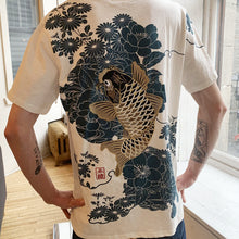 Load image into Gallery viewer, Koi Fish Floral embroidery T-Shirt (White/Blue)
