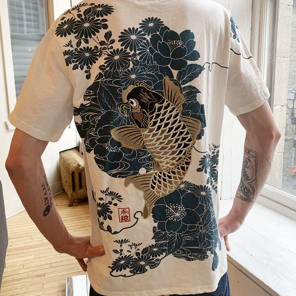 Koi Fish Floral embroidery T-Shirt (White/Blue)