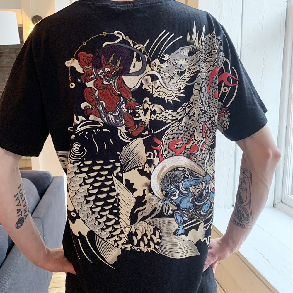 Raijin and Fujin embroidery T-Shirt (Black)