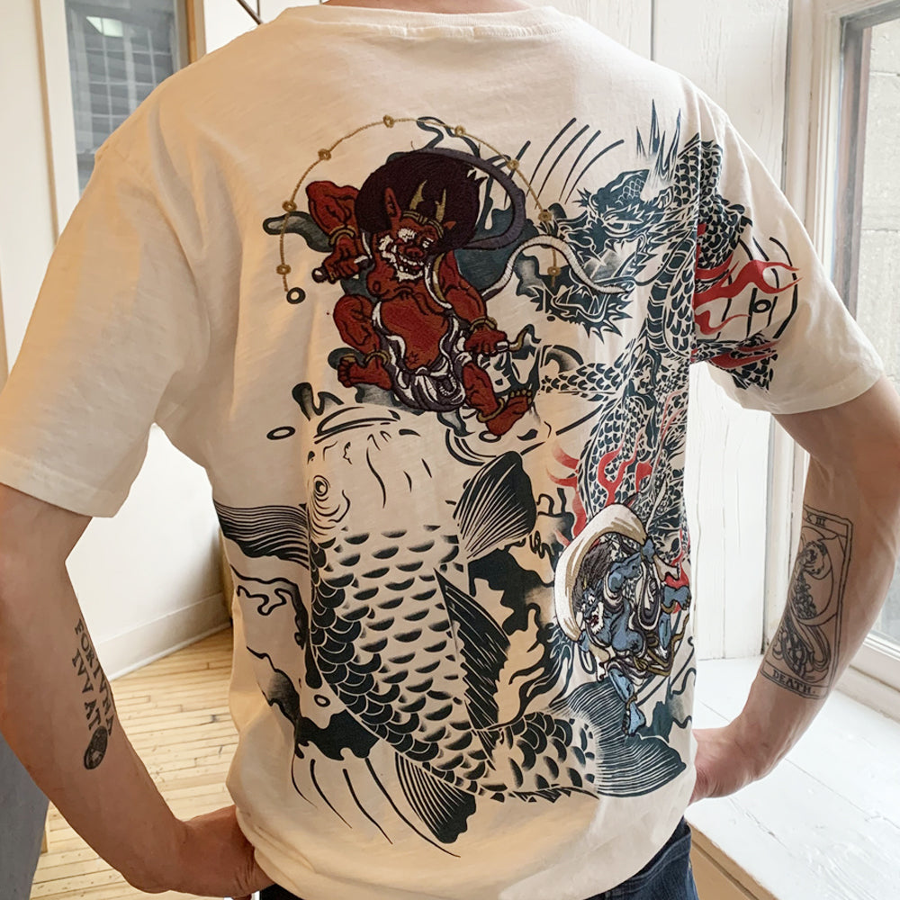 Raijin and Fujin embroidery T-Shirt (White)