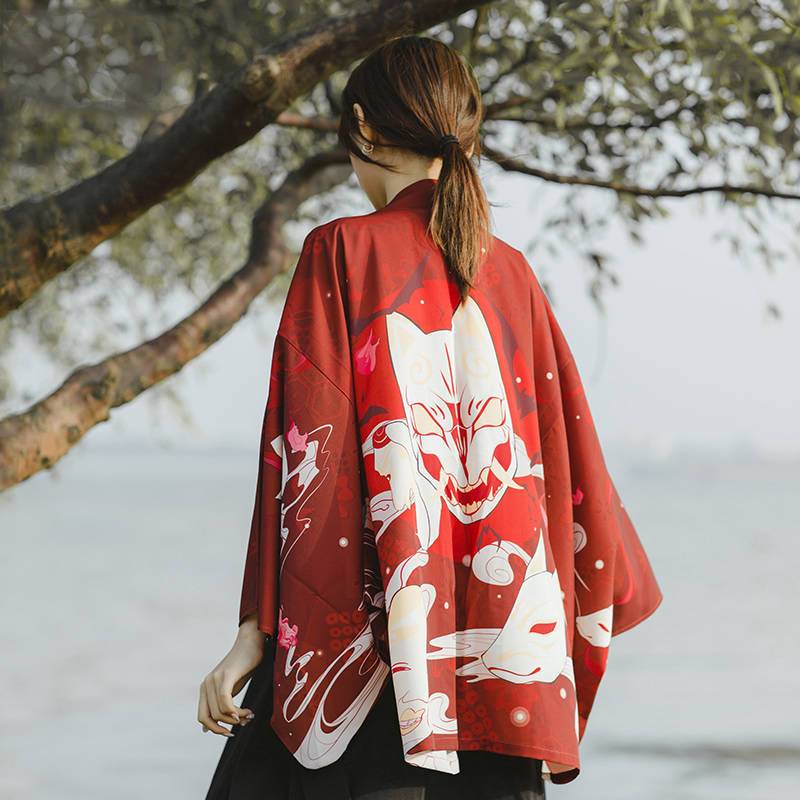 Red Kitsune Mask Kimono Shirt | Anime Kimono - Boutique Local NOVMTL