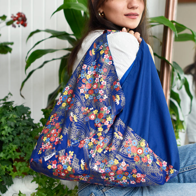 *Handmade* Origami bag | Market bag | Asanoha x Chrysanthemum (Navy)