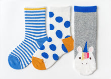 Load image into Gallery viewer, 3 Pack Kids&#39; Socks | Cotton | Blue Unicorn |Boutique novmtl
