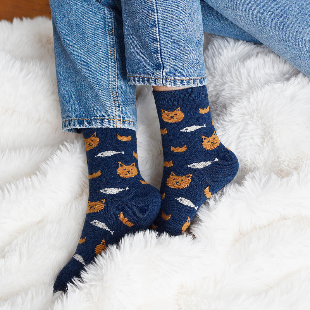 Cozy and Warm | Wool Socks | Cats and fish Blue