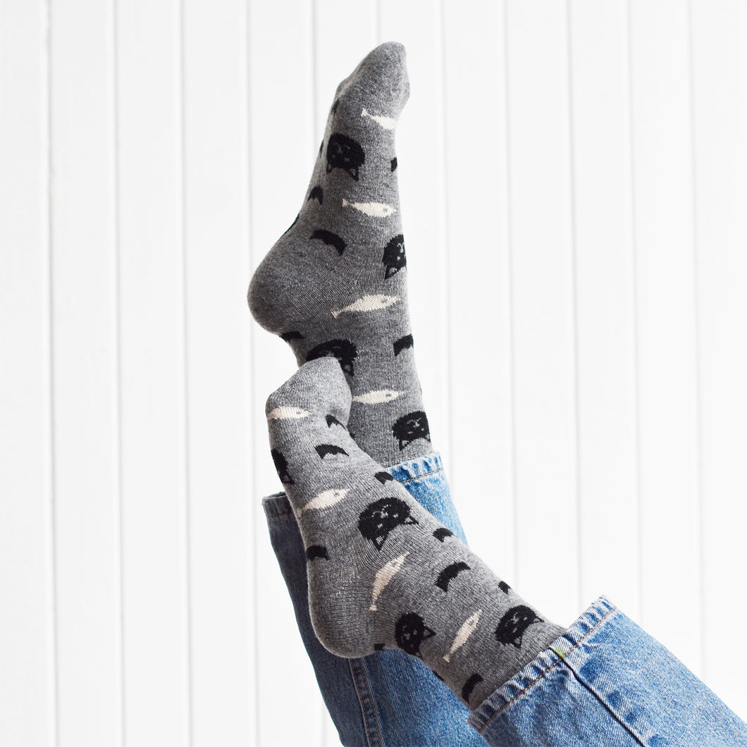 Cozy and Warm | Wool Socks | Cats and fish Grey