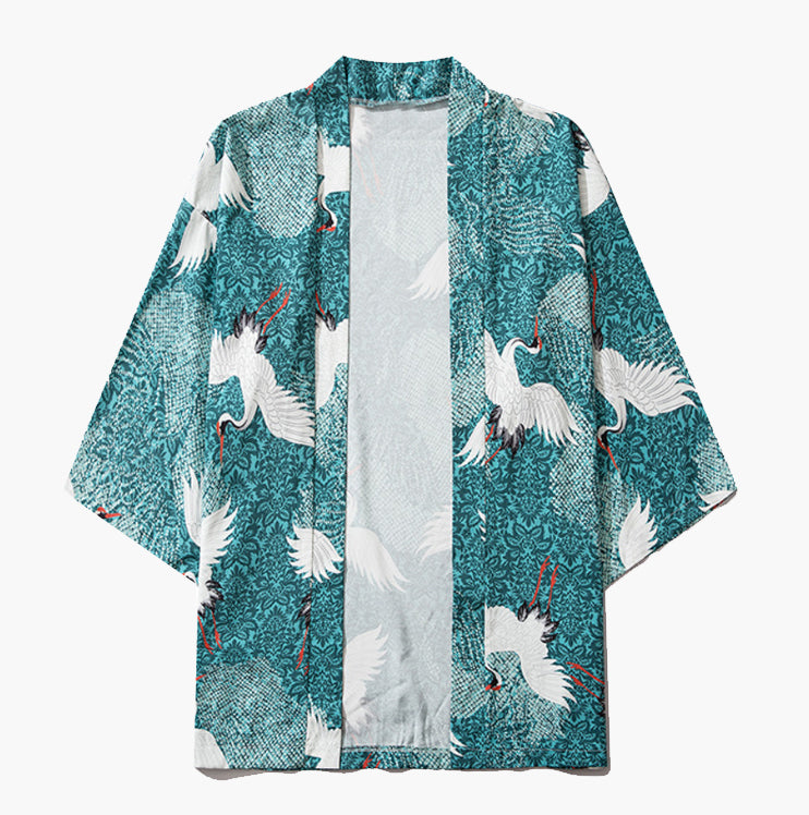 Cranes Kimono Shirt Teal | Anime Kimono