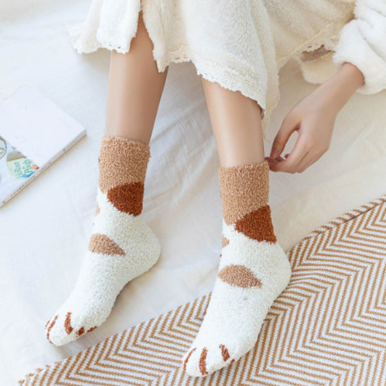Kawaii Fluffy Room Socks - Cat Paws Brown | NOVMTL